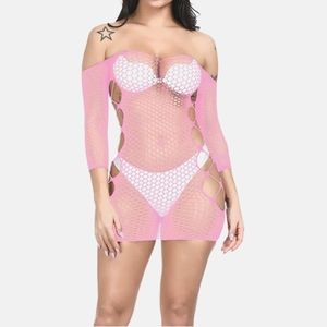 Sexy Pink Long Sleeve Fishnet Dress